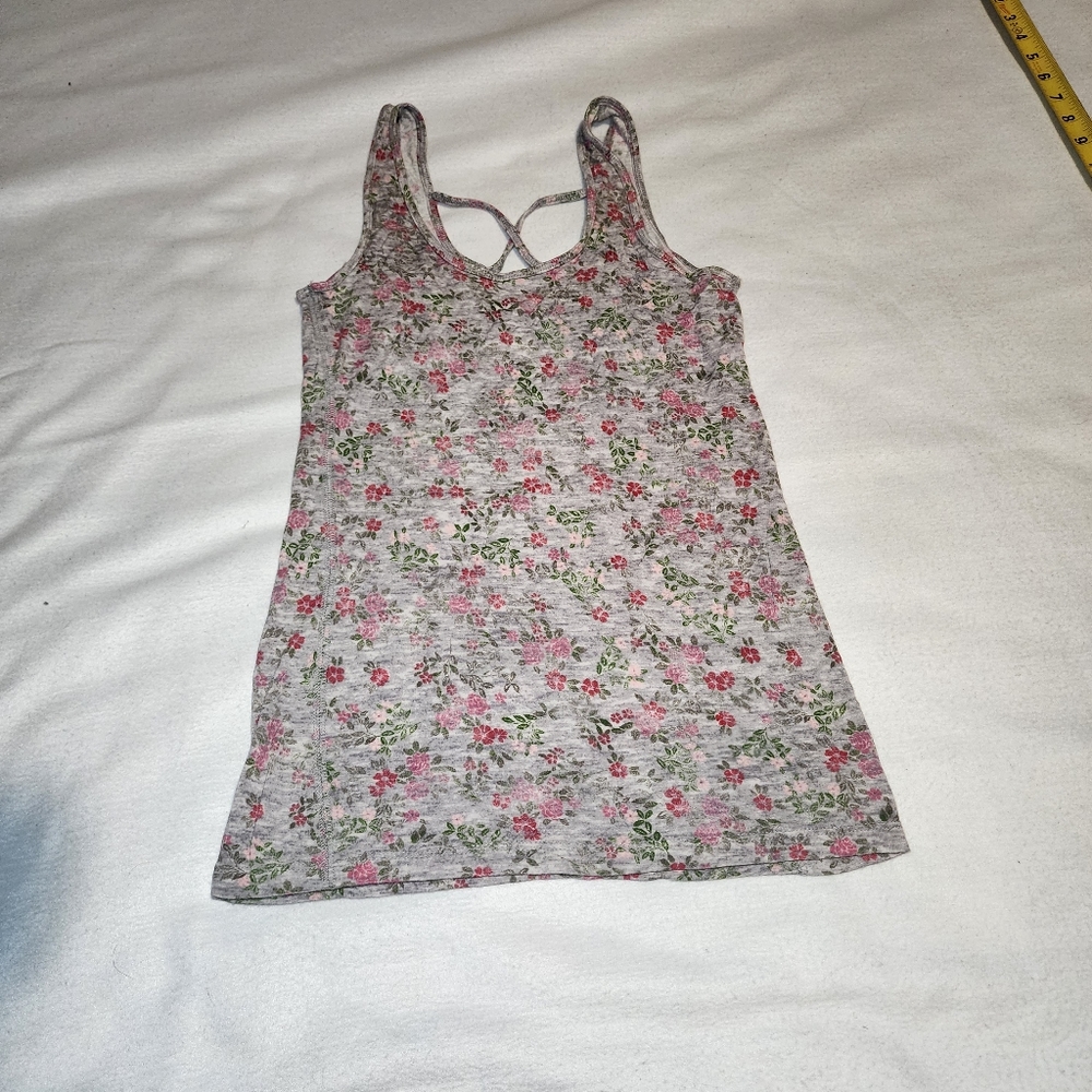 SO Floral Gray Tank Top with Pink and Green Print